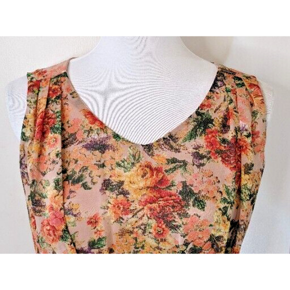 Y2K Chiffon Tapestry Slip Dress M Peach Floral Draped Pleats Hi-Lo Cottagecore - Picture 8 of 12